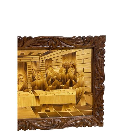 Vintage Last Supper Picture Inlaid Bamboo In Carved Wood Frame 14”x26” - Picture 4 of 5